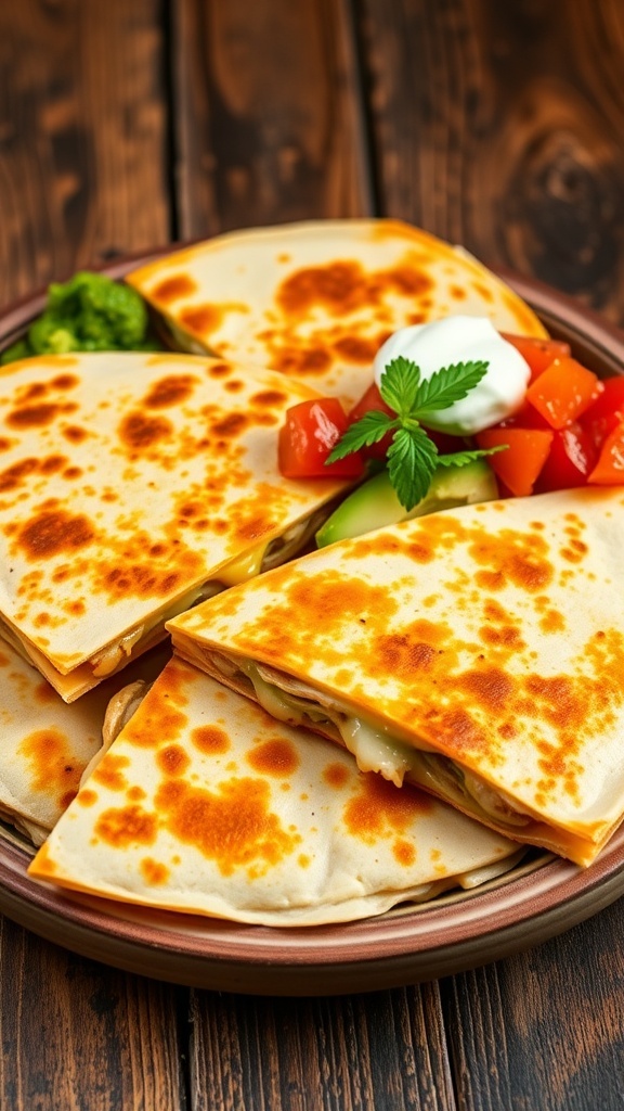 Cheesy chicken quesadilla wedges with guacamole, salsa, and sour cream on a rustic table.